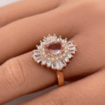 Load image into Gallery viewer, Oval Morganite Art Deco, Victorian Engagement Ring, Baguette Halo, Morganite Engagement Ring, Large Rose Gold Morganite Ring