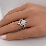 Load image into Gallery viewer, Opal Engagement Ring Set, Art Deco Fitted Opal Ring Set, Opal Bridal Set, Wedding Ring Opal Band, Pear Opal Ring