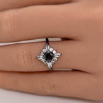 Load image into Gallery viewer, Art Deco Black Diamond Engagement Ring, Vintage Dainty Black Ring, Black Star Ring, Starburst Statement Black Rhodium Ring