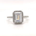 Load image into Gallery viewer, Emerald Cut Halo Engagement Ring, Hidden Halo, Emerald Cut Simulated Diamond Ring