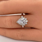 Load image into Gallery viewer, Starburst Halo Teardrop Moissanite Engagement Ring, Art Deco Pear Halo Engagement Ring, Pear Cut Wedding Ring, Bridal Ring, Proposal Ring