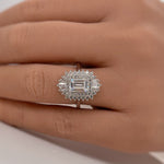 Load image into Gallery viewer, Emerald Cut Art Deco Engagement Ring, Art Deco Baguette Halo Ring, Diamond Cluster, Art Deco Emerald Cut Engagement Ring, Art Deco Ring