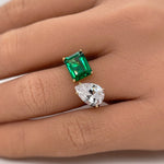 Load image into Gallery viewer, Double Stone Ring, 2 Stone Engagement Ring, Emerald Cut and Pear Cut Statement Ring, Toi et Moi Ring, Sterling Silver with Vermeil