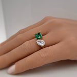 Load image into Gallery viewer, Double Stone Ring, 2 Stone Engagement Ring, Emerald Cut and Pear Cut Statement Ring, Toi et Moi Ring, Sterling Silver with Vermeil