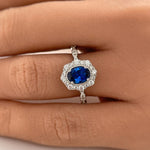 Load image into Gallery viewer, Oval Sapphire Art Deco Engagement Ring, Oval Halo Blue Sapphire Ring, Simulated Diamond & Sapphire Proposal Anniversary Ring Sterling Silver