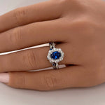 Load image into Gallery viewer, Oval Sapphire Art Deco Engagement Ring, Oval Halo Blue Sapphire Ring, Simulated Diamond & Sapphire Proposal Anniversary Ring Sterling Silver