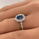 Load image into Gallery viewer, Oval Sapphire Art Deco Engagement Ring, Oval Halo Blue Sapphire Ring, Simulated Diamond & Sapphire Proposal Anniversary Ring Sterling Silver