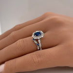 Load image into Gallery viewer, Oval Sapphire Art Deco Engagement Ring, Oval Halo Blue Sapphire Ring, Simulated Diamond & Sapphire Proposal Anniversary Ring Sterling Silver