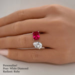 Load image into Gallery viewer, Double Stone Ring, 2 Stone Engagement Ring, Emerald Cut and Pear Cut Statement Ring, Toi et Moi Ring, Sterling Silver with Vermeil