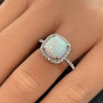 Load image into Gallery viewer, Art Deco Fire Opal Halo Ring: Sterling Silver Engagement Ring