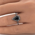 Load image into Gallery viewer, Kite Black Diamond Engagement Ring, Triangle Halo Black Engagement Ring, Pear Halo Ring, Coffin Statement Ring, Unique Engagement Ring