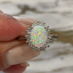 Load image into Gallery viewer, Oval Opal Halo Engagement Ring, Art Deco Opal Engagement Ring Wedding Ring, Oval Opal Proposal Ring, Statement Opal Ring