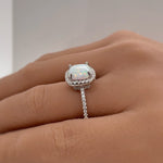 Load image into Gallery viewer, Art Deco Fire Opal Halo Ring: Sterling Silver Engagement Ring