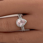 Load image into Gallery viewer, Pear Rose Quartz Engagement Ring Set, Rose Quartz Teardrop Halo Ring, Proposal Ring, Bridal Ring Set, Sterling Silver, Natural Rose Quartz