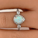 Load image into Gallery viewer, Opal Halo Engagement Ring Art Deco Engagement Ring Opal Wedding Ring Pear Opal Diamond Ring Pear Opal Halo Engagement Promise Minimalist