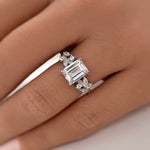 Load image into Gallery viewer, Emerald Cut Engagement Ring, Emerald Cut Art Deco Ring, Emerald Cut Leaf Band Bridal Ring, Sterling Silver, Simulate Diamonds, Proposal Ring