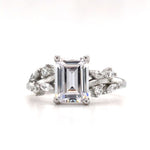 Load image into Gallery viewer, Emerald Cut Engagement Ring, Emerald Cut Art Deco Ring, Emerald Cut Leaf Band Bridal Ring, Sterling Silver, Simulate Diamonds, Proposal Ring