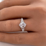 Load image into Gallery viewer, Oval Moissanite Art Deco Engagement Ring, Oval & Baguette Engagement Ring, Art Deco Ring, Sterling Silver, 14k, Moissanite, Bridal Ring