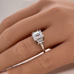 Load image into Gallery viewer, 2.00ct Emerald Cut Engagement Ring, Emerald Cut Three Stone Wedding Ring, Simulated Diamonds, Sterling Silver with Vermeil, Bridal Ring
