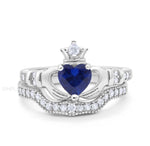 Load image into Gallery viewer, Irish Claddagh Ring Set, Heart Simulated Diamond Accent Claddagh Engagement Ring Set, Traditional Irish Ring, Bridal Ring Set