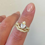 Load image into Gallery viewer, Irish Claddagh Ring Set, Heart Simulated Diamond Accent Claddagh Engagement Ring Set, Traditional Irish Ring, Bridal Ring Set