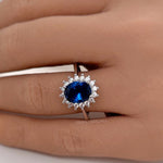 Load image into Gallery viewer, Oval Sapphire Halo Engagement Ring, Art Deco Sapphire Engagement Ring, Blue Ring, Oval Sapphire Proposal Ring, Statement Sapphire Ring