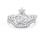 Load image into Gallery viewer, Irish Claddagh Ring Set, Heart Simulated Diamond Accent Claddagh Engagement Ring Set, Traditional Irish Ring, Bridal Ring Set