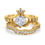 Load image into Gallery viewer, Irish Claddagh Ring Set, Heart Simulated Diamond Accent Claddagh Engagement Ring Set, Traditional Irish Ring, Bridal Ring Set