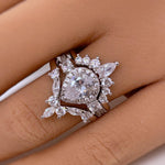 Load image into Gallery viewer, 3 Ring Pear Halo Ring Set, 1.00ct Pear Halo, Art Deco Pear Marquise Band, Teardrop Engagement Ring Set, Wedding Set Sterling Silver, Vermeil