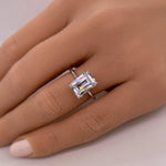 Load image into Gallery viewer, 4.00ct Emerald Cut Moissanite Engagement Ring, Thin Emerald Solitaire, Hidden Halo, Long Emerald Moissanite Ring, Silver Vermeil, 14k