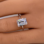 Load image into Gallery viewer, 4.00ct Emerald Cut Moissanite Engagement Ring, Thin Emerald Solitaire, Hidden Halo, Long Emerald Moissanite Ring, Silver Vermeil, 14k