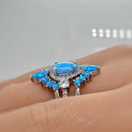 Load image into Gallery viewer, Blue Opal Engagement Ring Set, 3 Ring Set Art Deco Fitted Blue Opal Ring Set, Blue Opal Bridal Set, Wedding Ring Blue Opal Band, Bridal Set