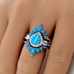 Load image into Gallery viewer, Blue Opal Engagement Ring Set, 3 Ring Set Art Deco Fitted Blue Opal Ring Set, Blue Opal Bridal Set, Wedding Ring Blue Opal Band, Bridal Set