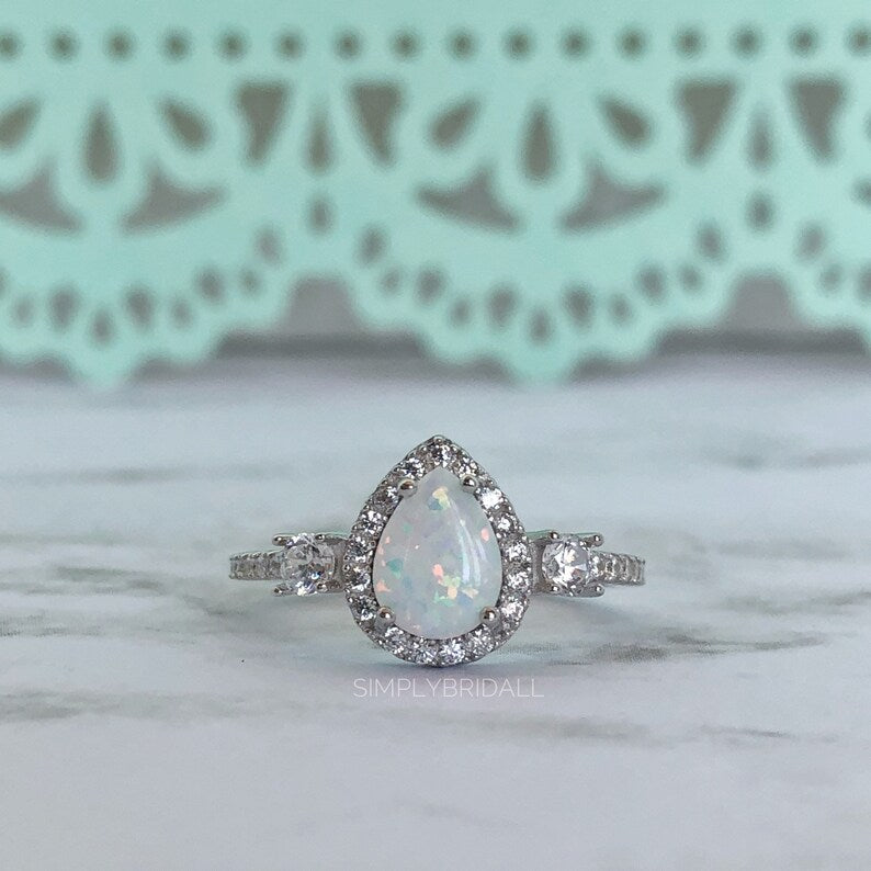 Opal Halo Engagement Ring Art Deco Engagement Ring Opal Wedding Ring Pear Opal Diamond Ring Pear Opal Halo Engagement Promise Minimalist