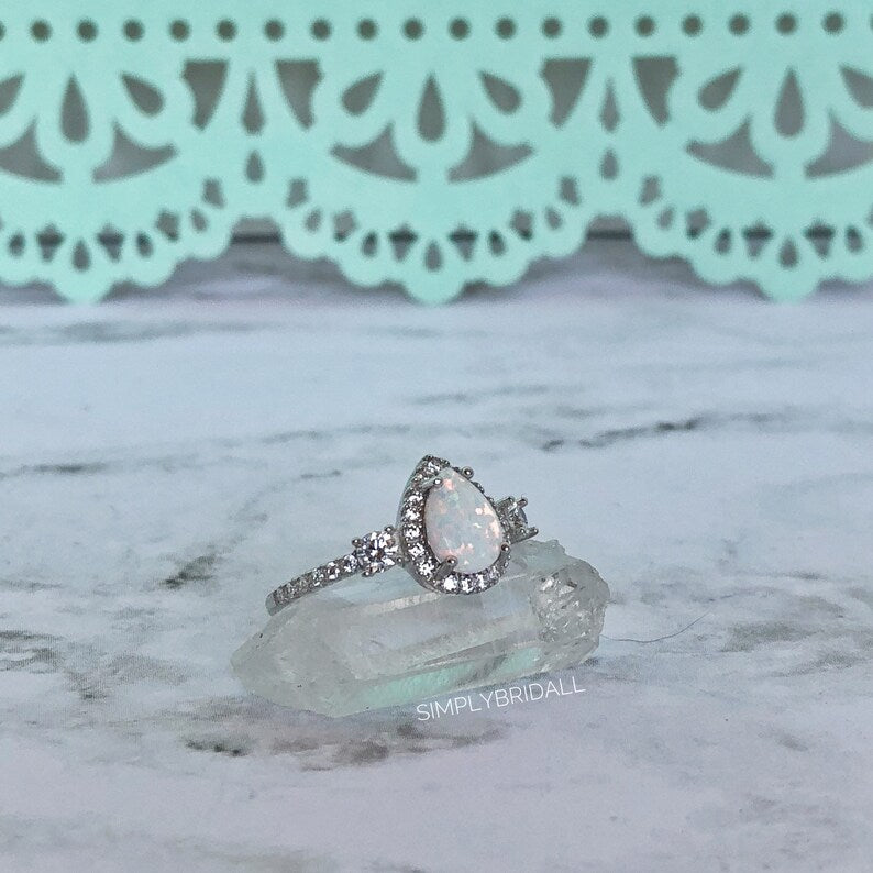 Opal Halo Engagement Ring Art Deco Engagement Ring Opal Wedding Ring Pear Opal Diamond Ring Pear Opal Halo Engagement Promise Minimalist