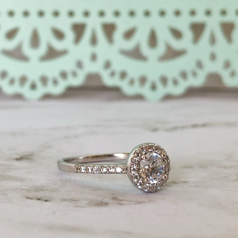 1.00ct Diamond Halo Engagement Ring Halo Diamond Ring Simulated Diamond Classic Engagement Ring Promise Ring