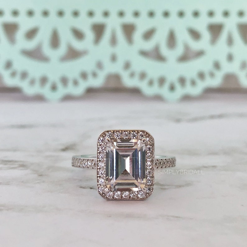 Emerald Cut Diamond Engagement Ring Emerald Cut Diamond Halo Engagement Ring Simulated Diamond Ring Emerald Halo Engagement Ring