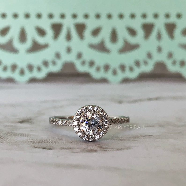 1.00ct Diamond Halo Engagement Ring Halo Diamond Ring Simulated Diamond Classic Engagement Ring Promise Ring