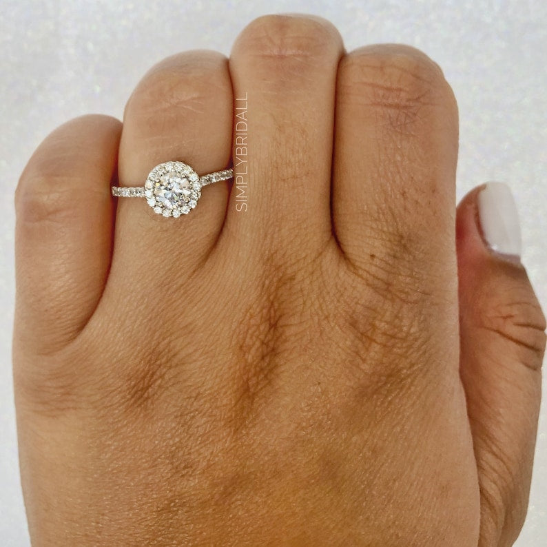 1.00ct Diamond Halo Engagement Ring Halo Diamond Ring Simulated Diamond Classic Engagement Ring Promise Ring