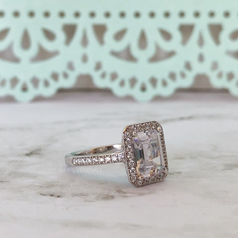 Emerald Cut Diamond Engagement Ring Emerald Cut Diamond Halo Engagement Ring Simulated Diamond Ring Emerald Halo Engagement Ring