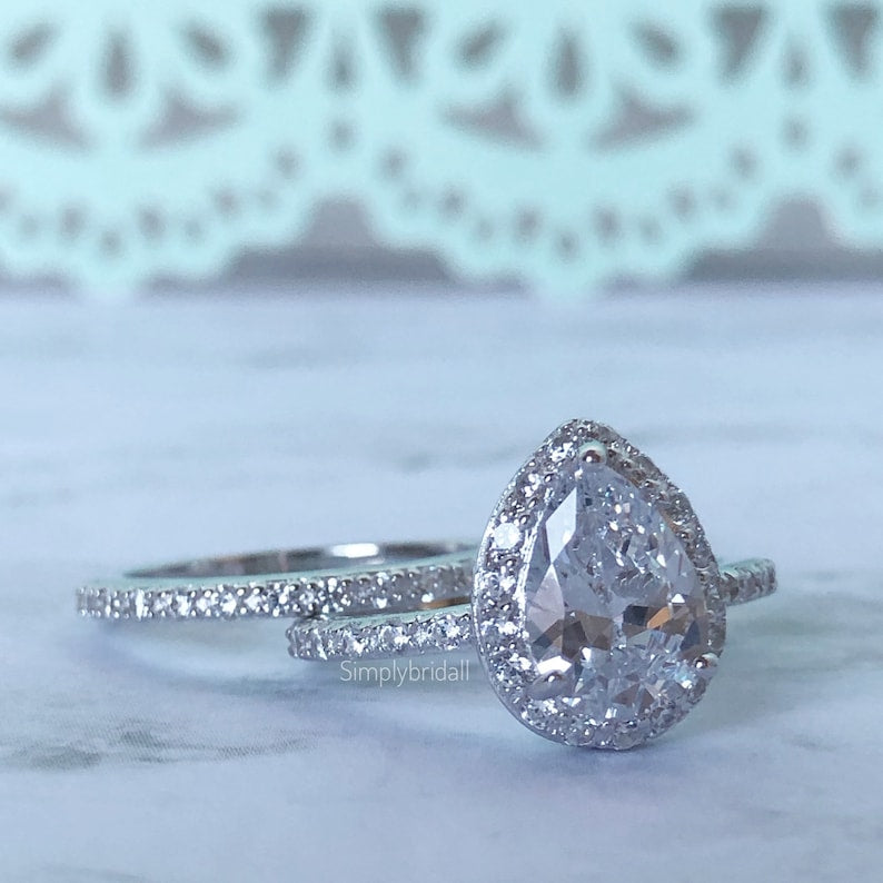2.00ct Pear Shape Halo Ring Set, Pear Proposal Ring, Teardrop Wedding Ring, Promise Ring Pear Diamond Ring, Pear Engagement Ring