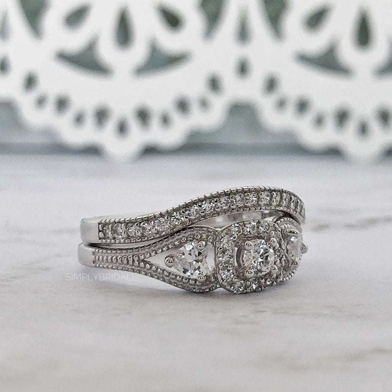 Art Deco Engagement Ring Set Eternity Band Eternity Minimalist Ring Set Art Deco Engagement Set Eternity Band Round Diamond Milgrain Set