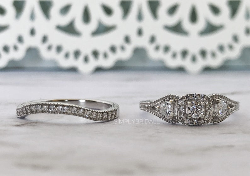 Art Deco Engagement Ring Set Eternity Band Eternity Minimalist Ring Set Art Deco Engagement Set Eternity Band Round Diamond Milgrain Set