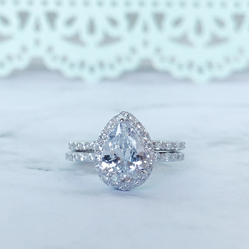 2.00ct Pear Shape Halo Ring Set, Pear Proposal Ring, Teardrop Wedding Ring, Promise Ring Pear Diamond Ring, Pear Engagement Ring