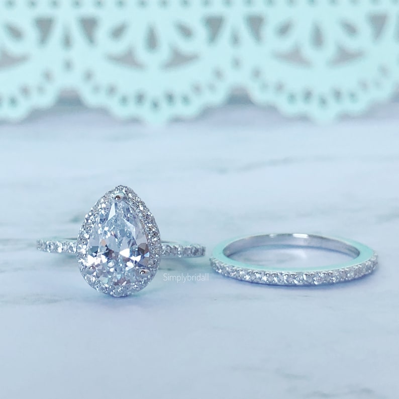 2.00ct Pear Shape Halo Ring Set, Pear Proposal Ring, Teardrop Wedding Ring, Promise Ring Pear Diamond Ring, Pear Engagement Ring
