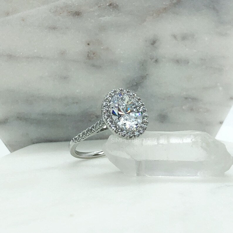 3.50ct Oval Diamond Halo Engagement Ring, Simulated Diamond Oval Halo Ring, Oval Statement Ring, Sterling Silver, Gold Vermeil / OLIVIA