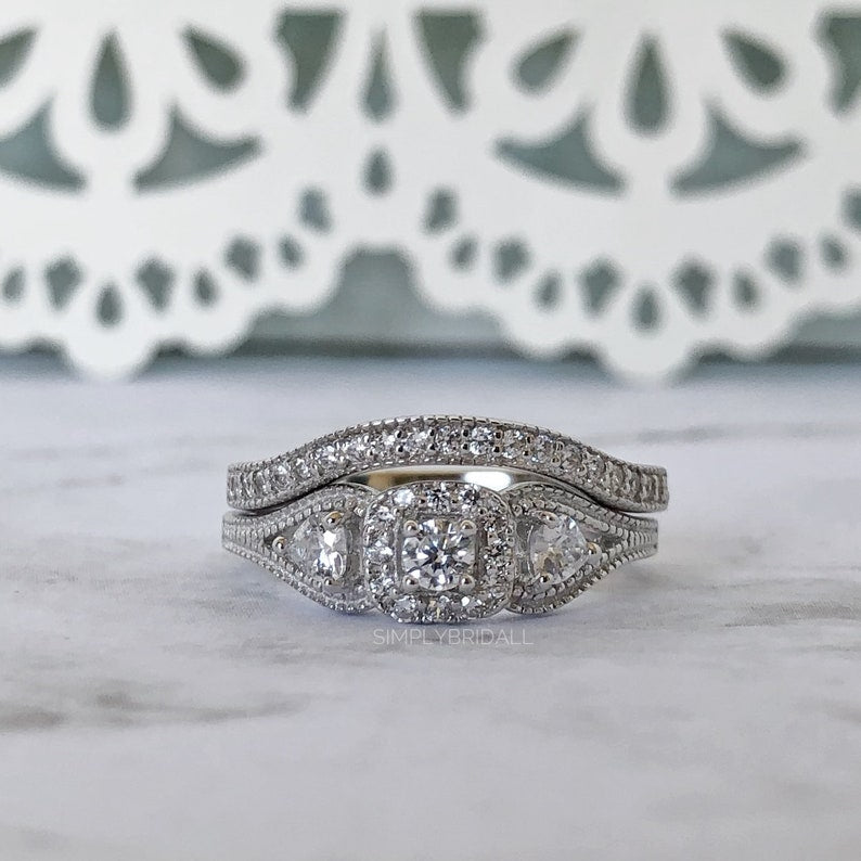 Art Deco Engagement Ring Set Eternity Band Eternity Minimalist Ring Set Art Deco Engagement Set Eternity Band Round Diamond Milgrain Set