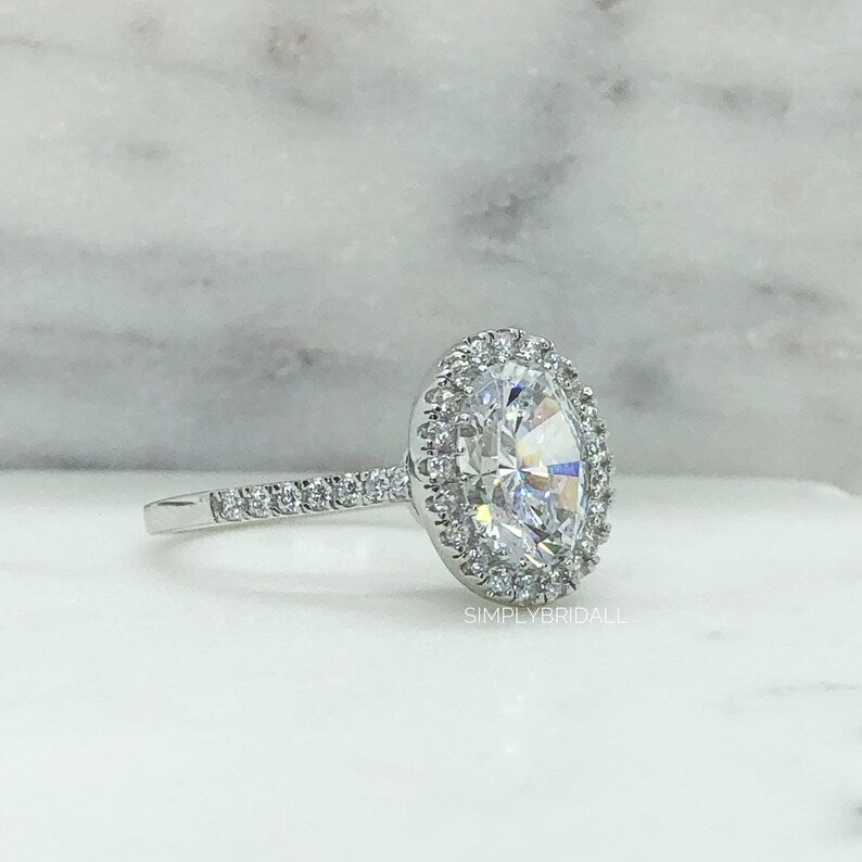 3.50ct Oval Diamond Halo Engagement Ring, Simulated Diamond Oval Halo Ring, Oval Statement Ring, Sterling Silver, Gold Vermeil / OLIVIA