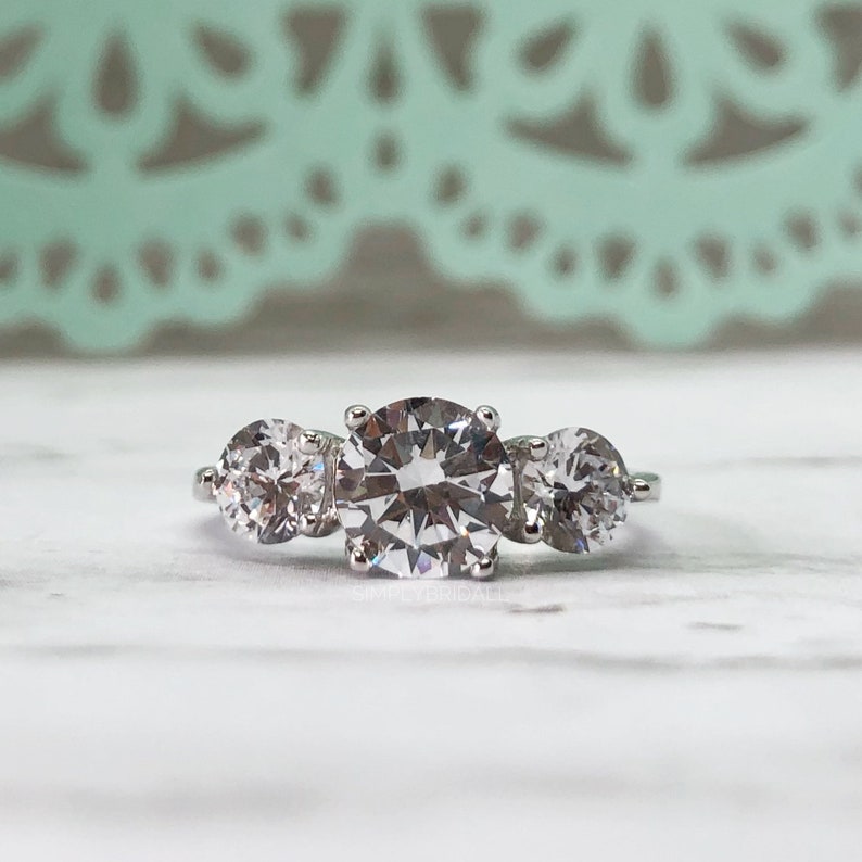 Three Stone Diamond Ring Engagement Ring Simple Minimalist Ring Silver Tri-Stone Ring Proposal Ring