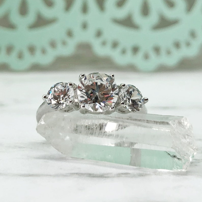 Three Stone Diamond Ring Engagement Ring Simple Minimalist Ring Silver Tri-Stone Ring Proposal Ring